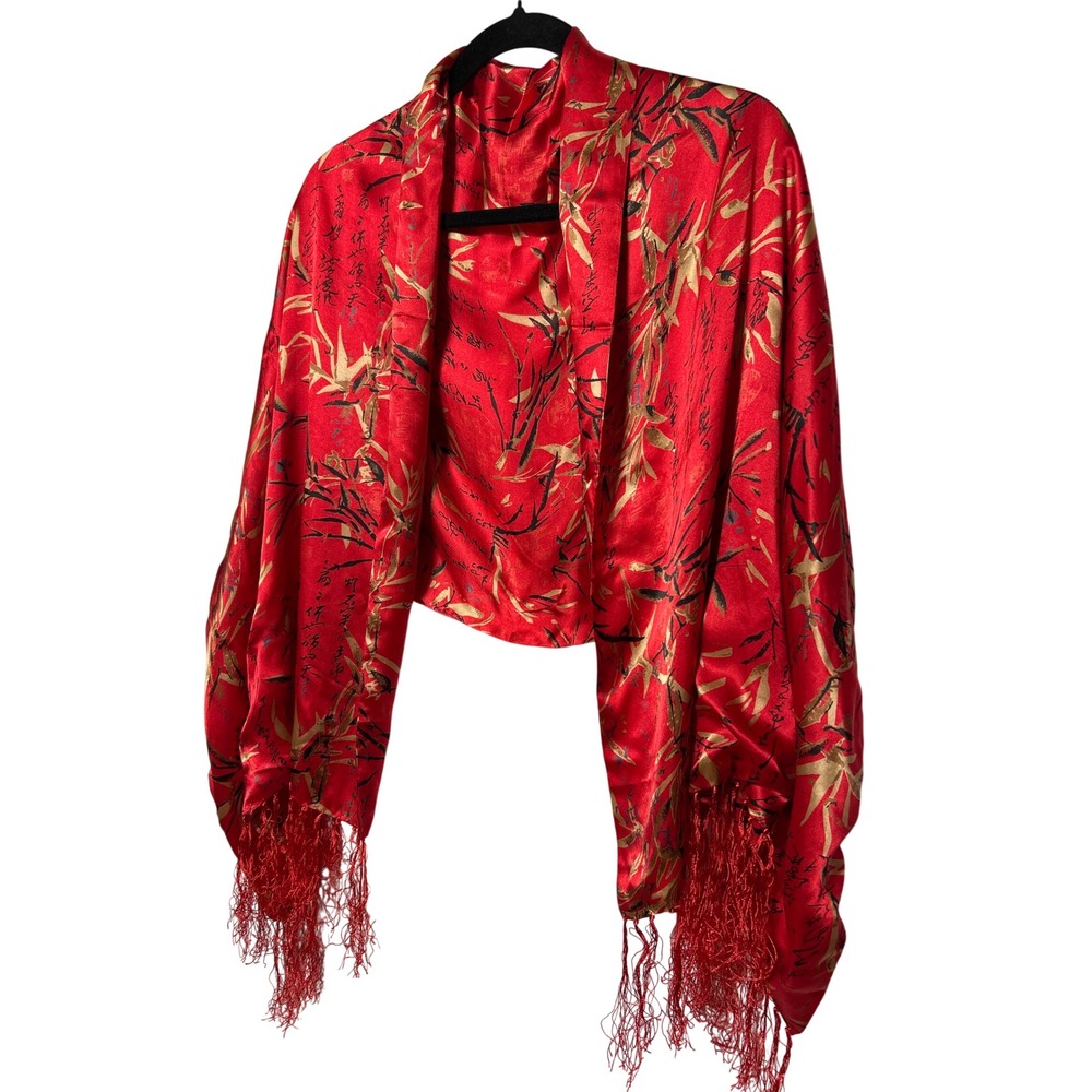 Bamboo Calligraphy Print 100% Silk‎ Fringe Wrap Scarf Red Gold Black 58" x 22"
